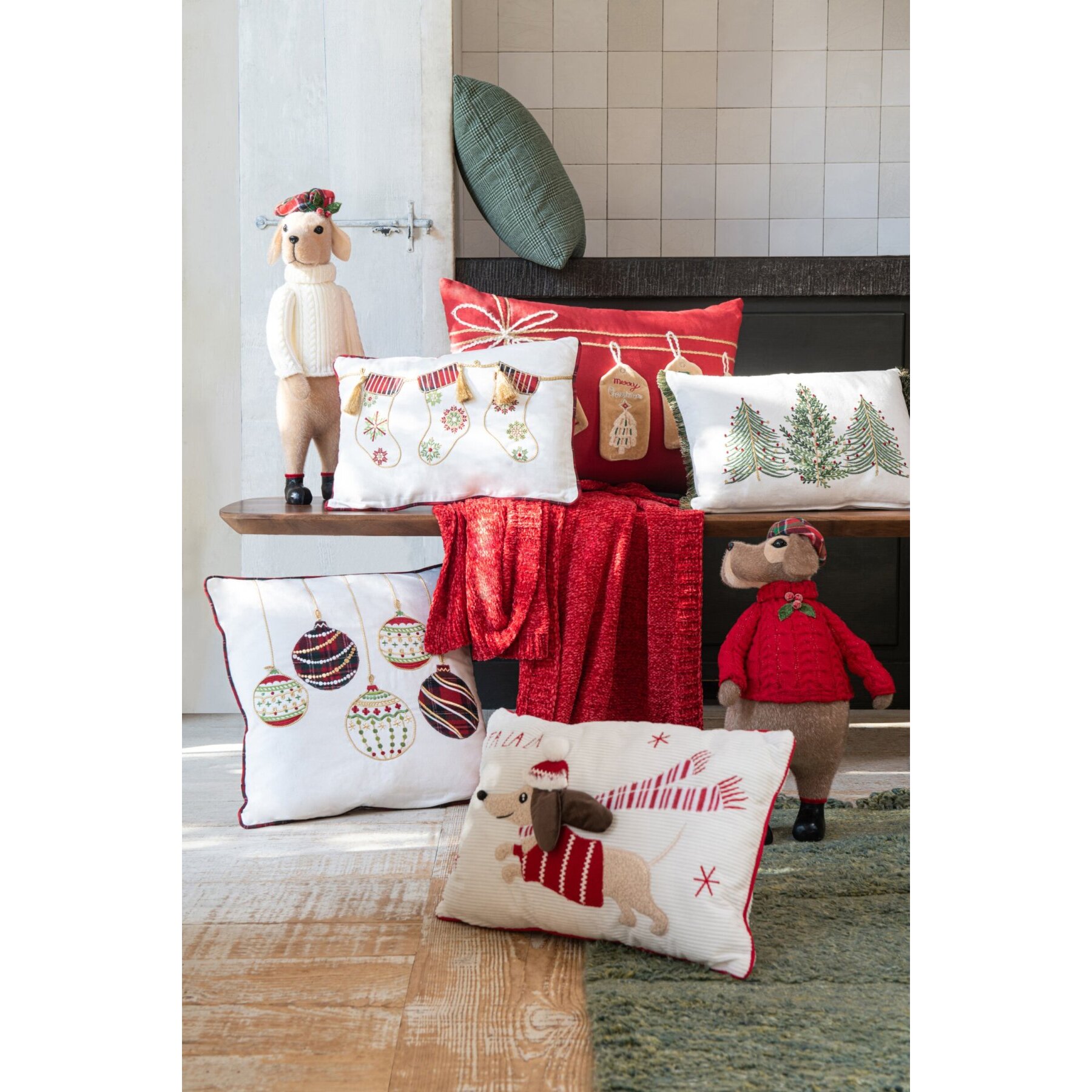 J-Line chiens avec béret - tissu - beige/rouge Noël - assortiment de 2
