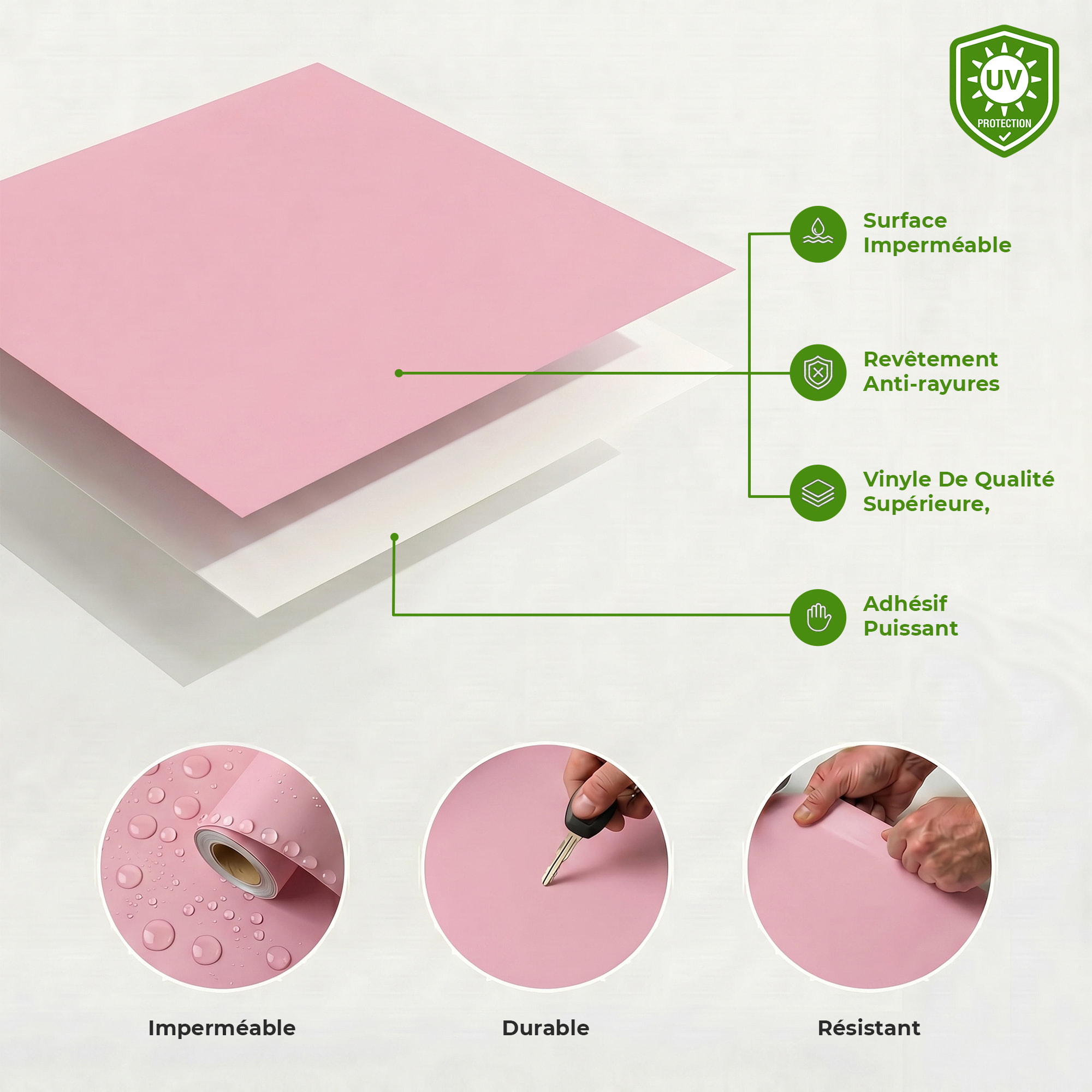 Rouleau adhésif décoratif Vinyle au Mètre - Rose poudre - Sticker Lavable Imperméable Mur Cuisine Meubles