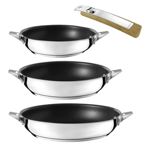 Eclipse - Lote de 3 sartenes de 20-24-28 cm con revestimiento cerámico y mango desmontable de madera clara
