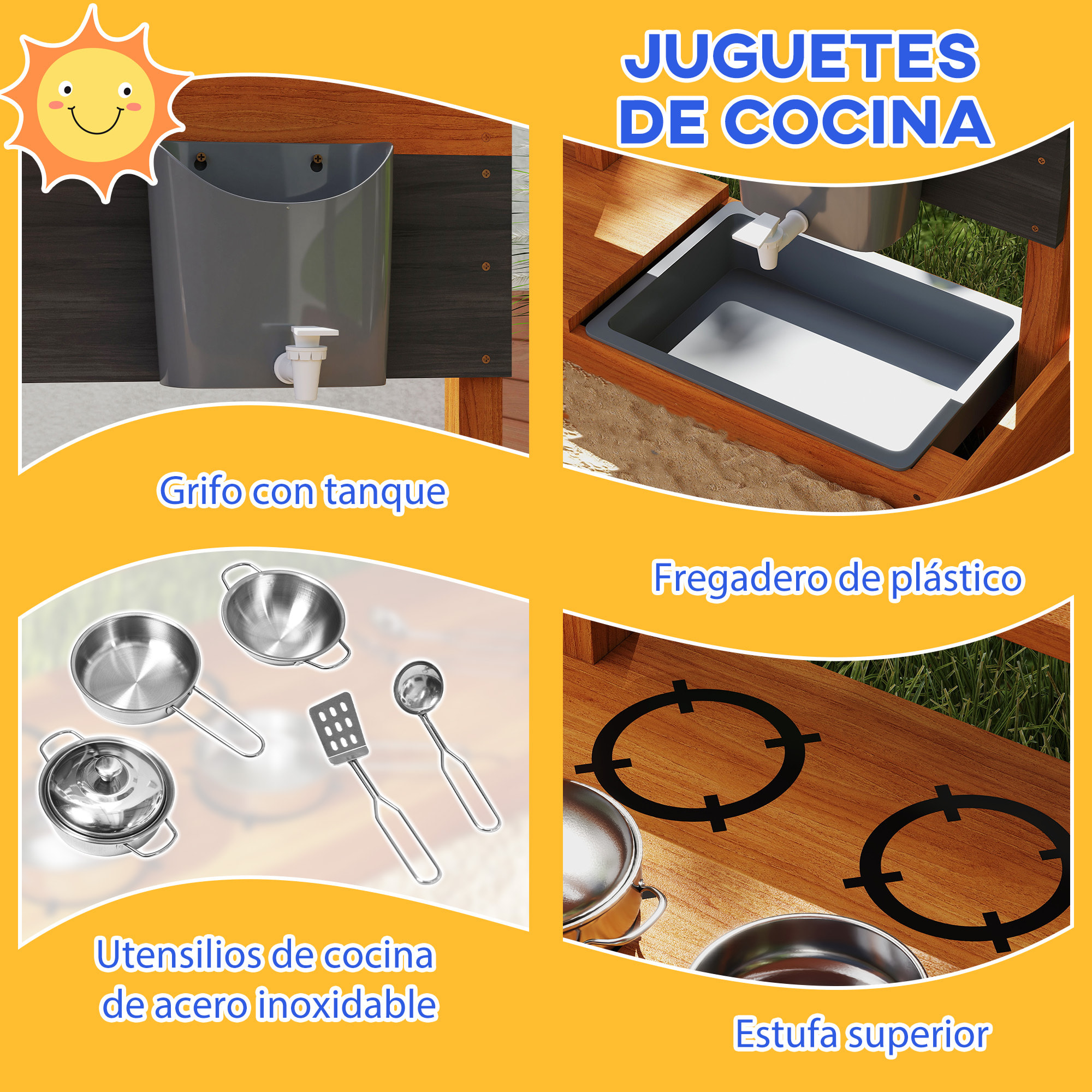 Arenero para Niños de Madera con Techo Ajustable, Arenero Infantil con Juguetes de Cocina, Estante y 2 Asientos, Juego para Niños de 3-7 Años, para Patio, Jardín, 114x110x110 cm, Marrón