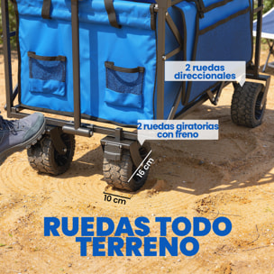 Carro Playa con Ruedas Grandes con Freno, Techo Extraíble, Carro Plegable para Jardín con Barra Ajustable, Portavasos y Bolsillos, Carga 100 kg, para Todo Terreno, Campaña, Compras, Azul