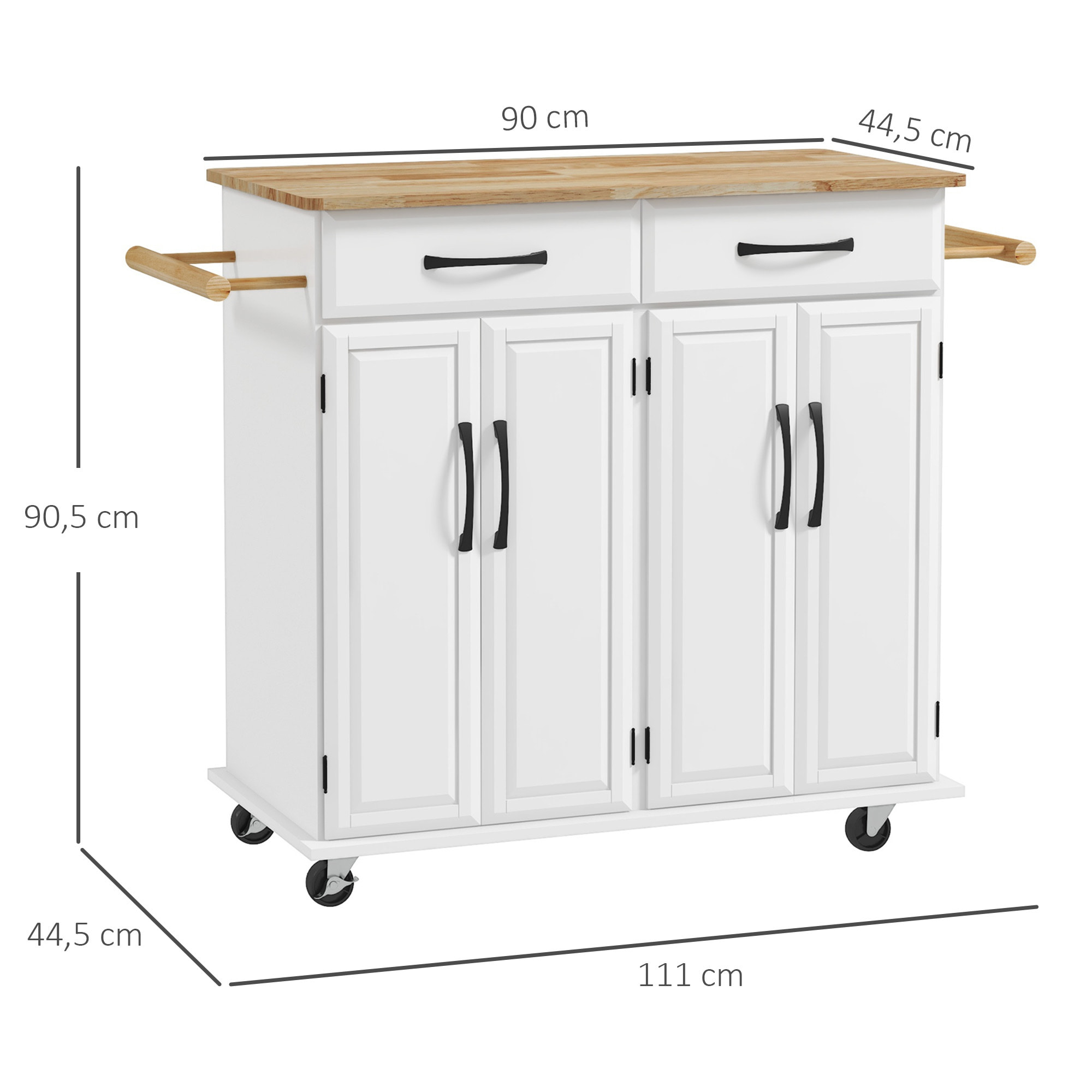 Isla de Cocina Carrito de Cocina Mueble Auxiliar de Comedor con Ruedas 4 Puertas 2 Cajones Toalleros y Estantes Ajustables 111x44,5x90,5 cm Blanco y Roble