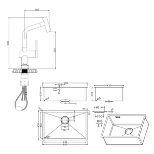 Timeless 68x45x21 cm évier sous plan inox 304 + mitigeur inox avec douchette extractible, gun metal brossé (TMLKSU-6845BGM-M1)