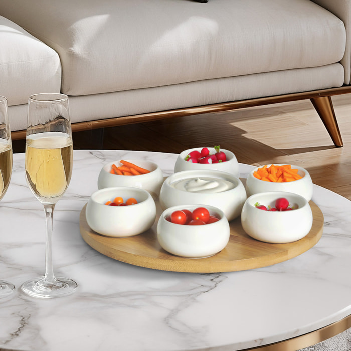 Tapas - Set 7 coupelles apéritives en céramique avec plateau en bambou tournant