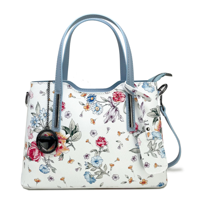 Chicca Borse - Borsa a Mano Donna in Vera Pelle - Colore Fiori - Cielo