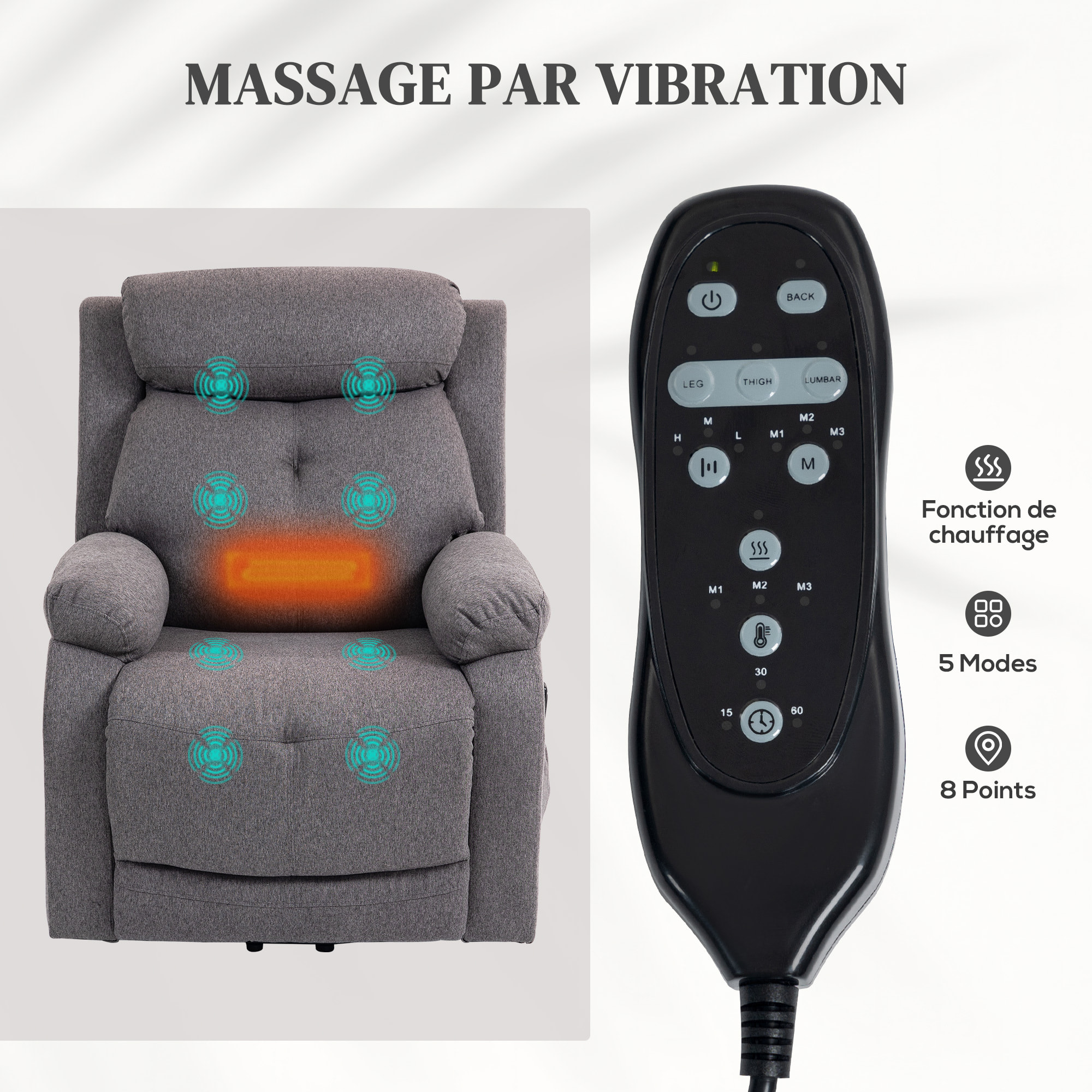 Fauteuil releveur électrique massant chauffant inclinable port USB tissu toucher lin gris