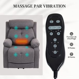 Fauteuil releveur électrique massant chauffant inclinable port USB tissu toucher lin gris