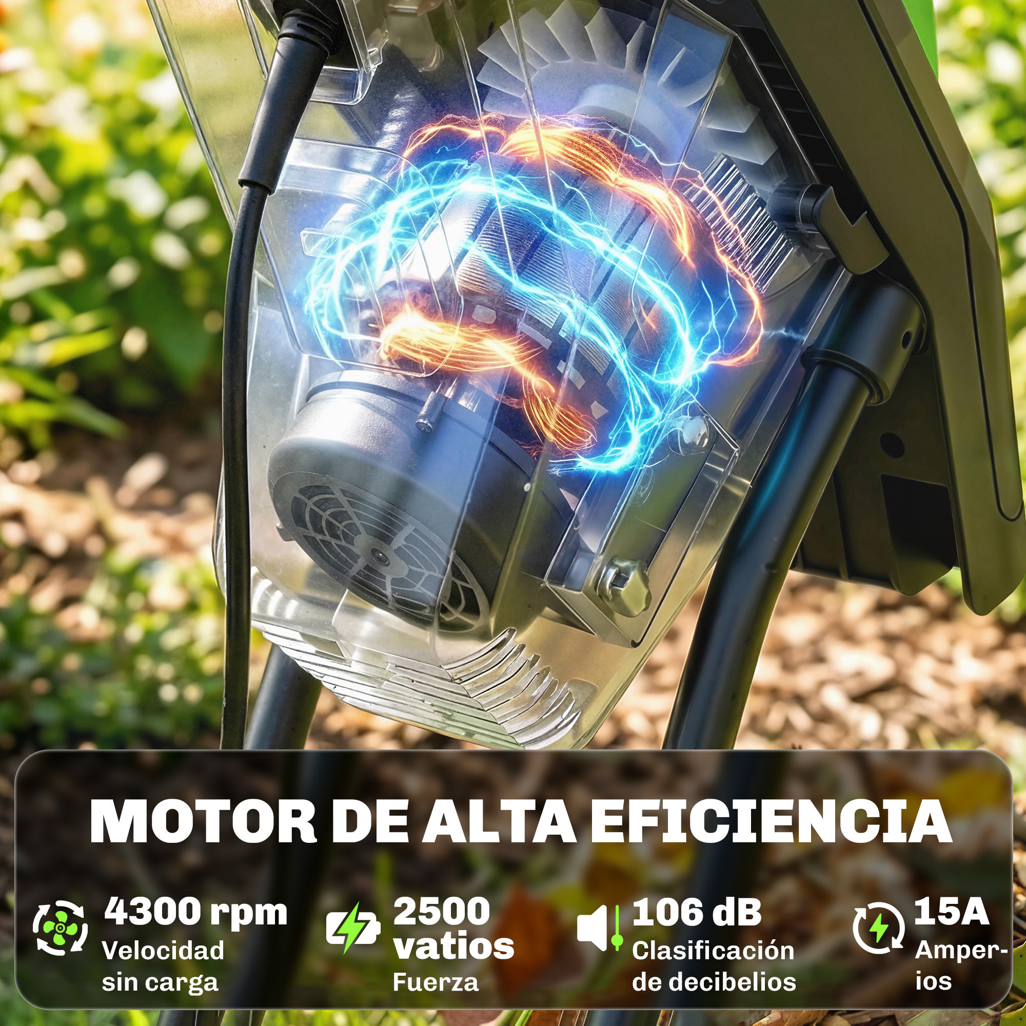 Trituradora de Ramas Eléctrica 2500W, Trituradora de Jardín con 2 Cuchillas Reversibles hasta Ø44 mm de Ramas, Bolsa de Recolección de 45L, Ruedas y Protección de Sobrecarga, Verde