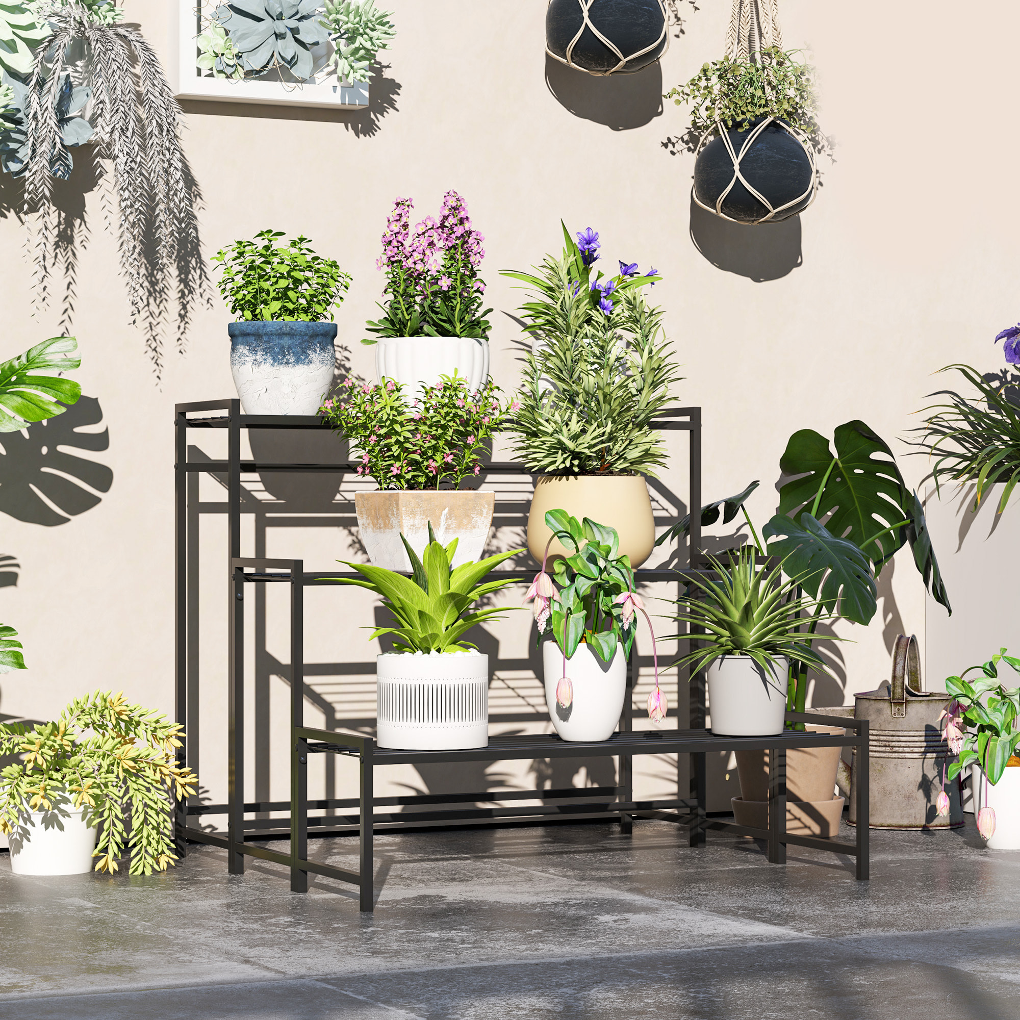 Soporte para Plantas de 3 Niveles Estantería para Plantas para Esquina Diseño en Escalera Soporte para Macetas Interior y Exterior 75x70x66 cm Negro