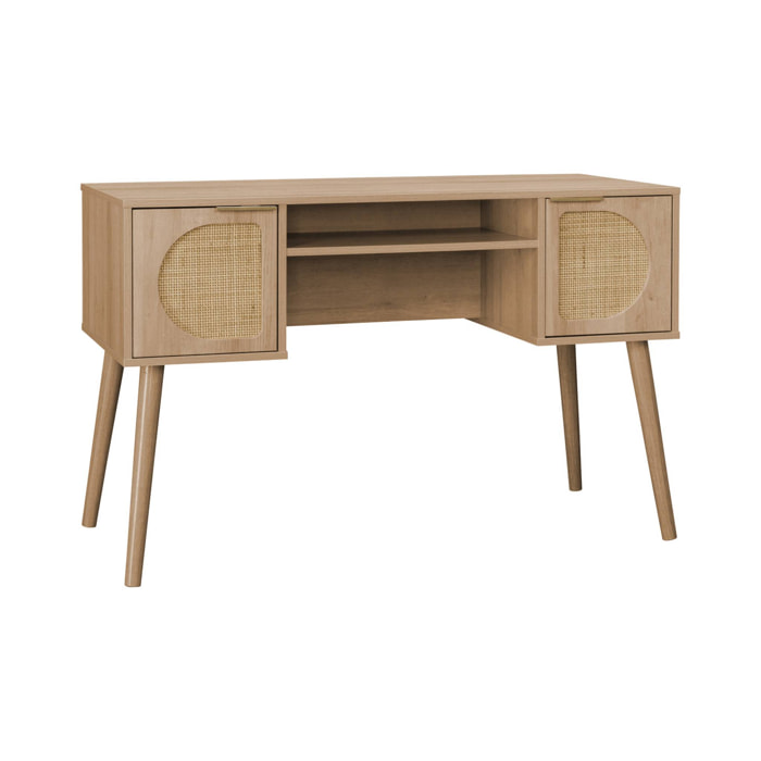 Bureau effet bois et cannage 2 portes EVA naturel 120 x 55 x 76.5 cm