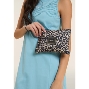 Bustina animalier in canvas con zip e logo con strass