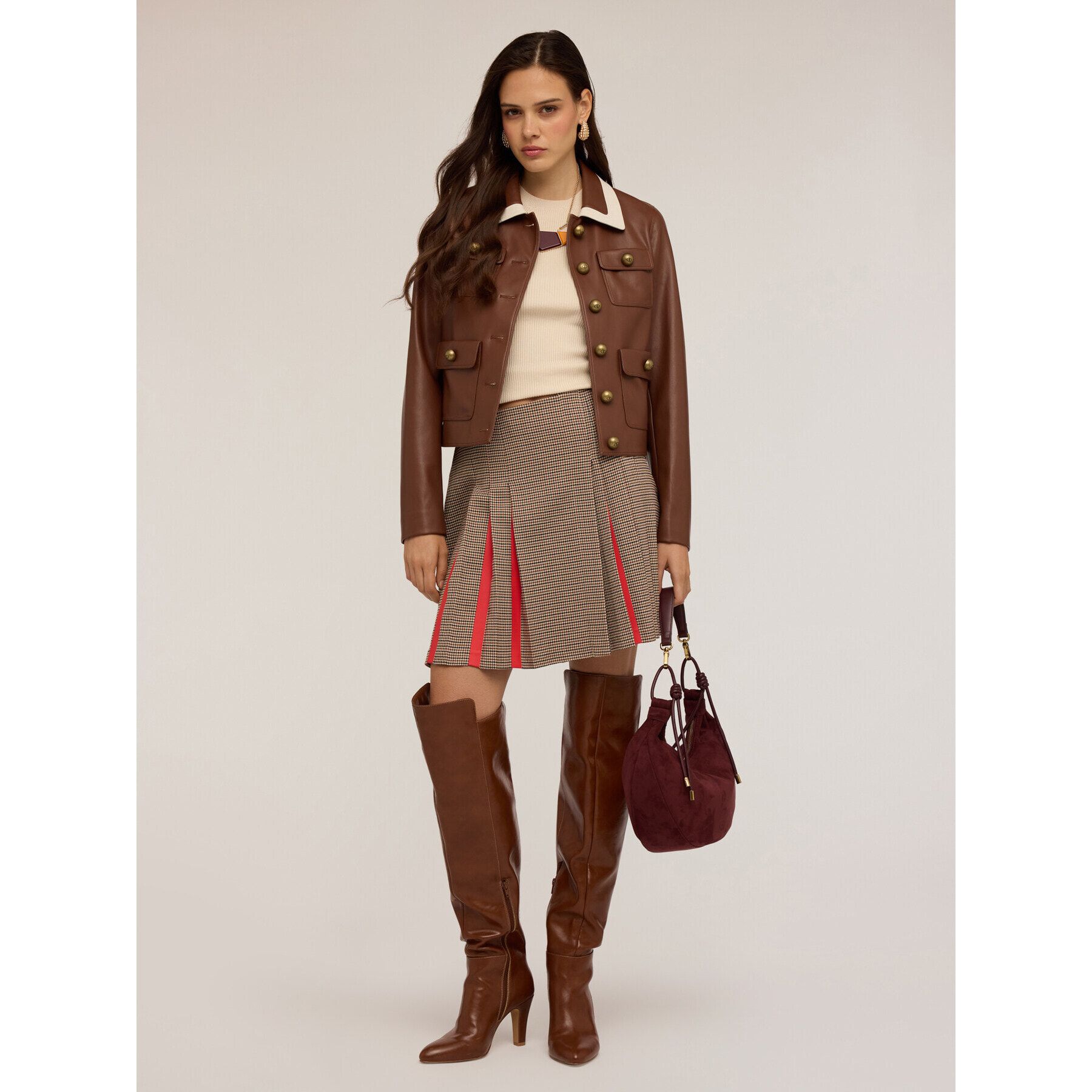 Motivi - Falda plisada de fantasía Pied de Poule - Marrón