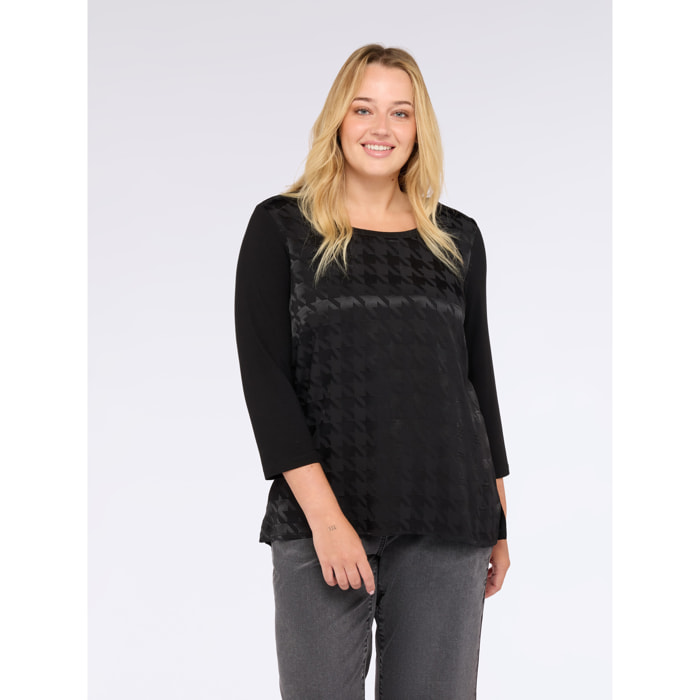 Fiorella Rubino - T-shirt bimaterica con motivo pied-de-poule - Nero