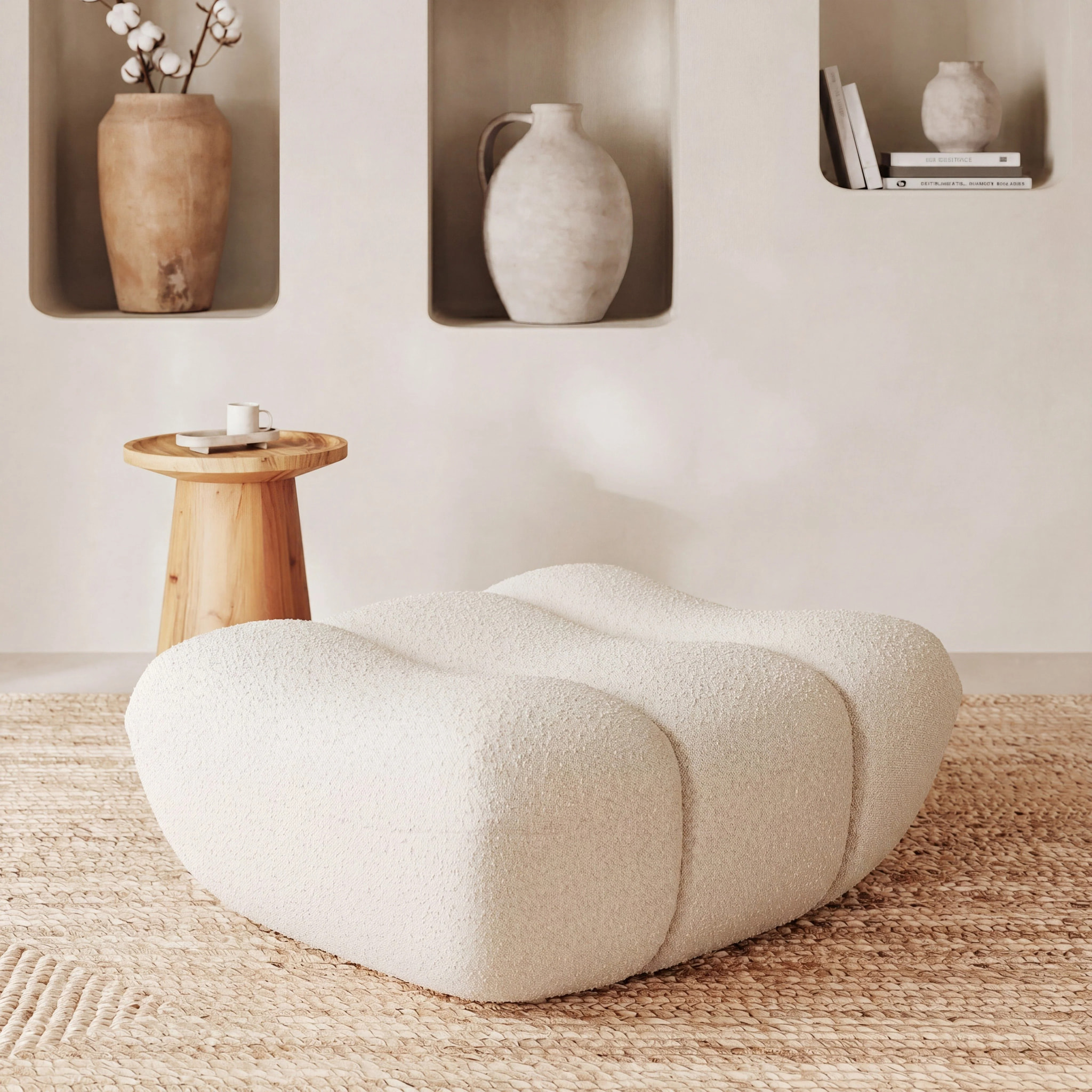 Pouf repose-pieds en tissu bouclé blanc - Teddy