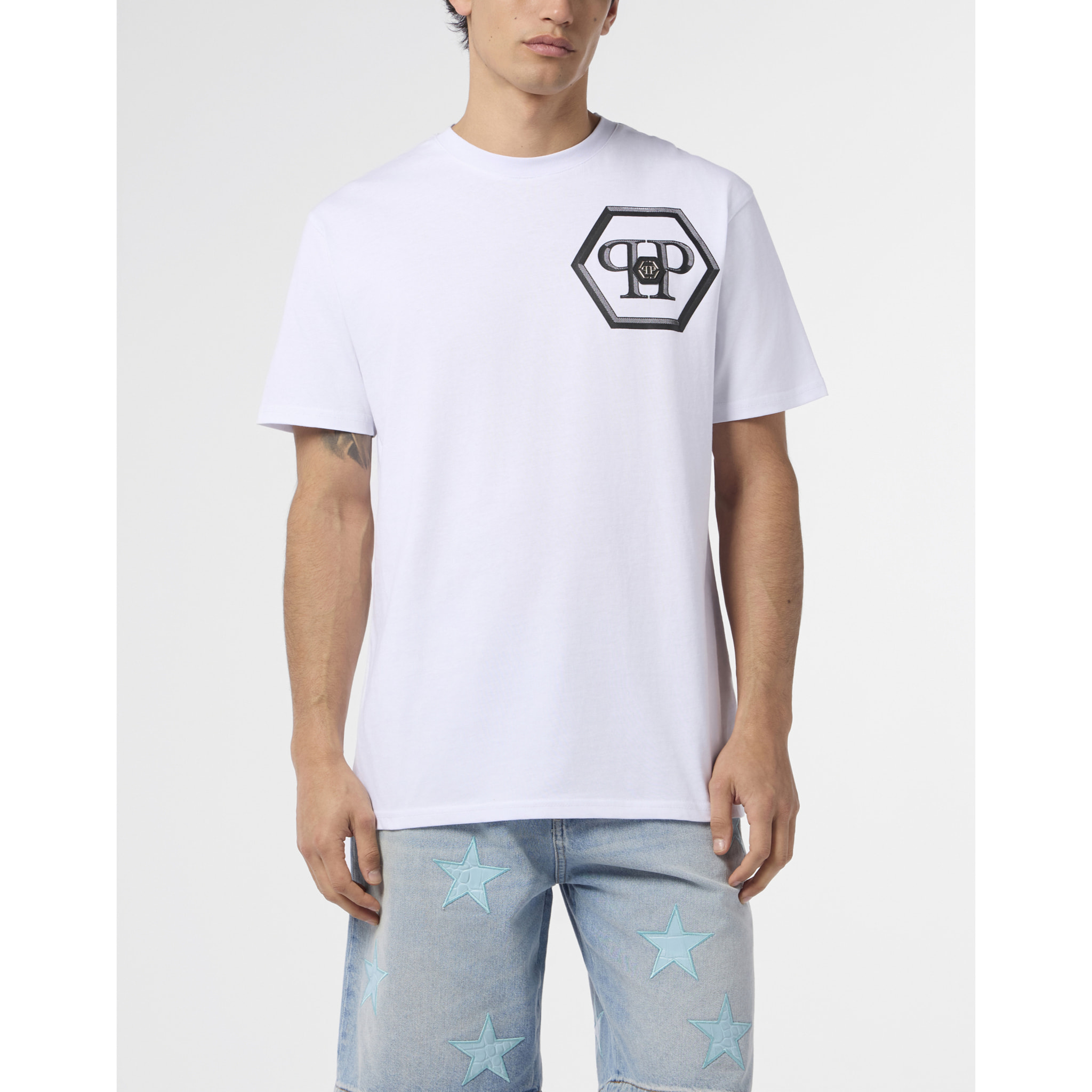 PHILIPP PLEIN Round Neck T-Shirt Lines Hexagon