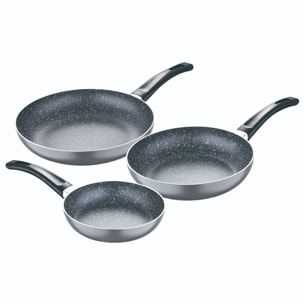 Set 3pc sarten (16+20+24cm) aluminio prensado, inducción, negra soul marble con set 3 pc utensilios cocina acero inoxidable