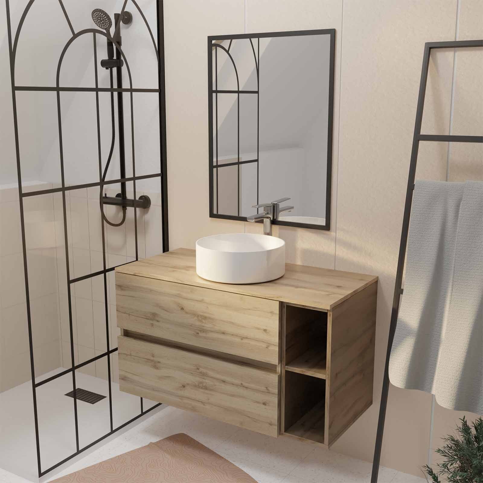 Meuble salle de bains 100 TIMBER Décor Chêne Tiroirs + Niches - Vasque Blanche - Miroir Bords Noirs