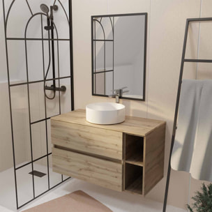 Meuble salle de bains 100 TIMBER Décor Chêne Tiroirs + Niches - Vasque Blanche - Miroir Bords Noirs