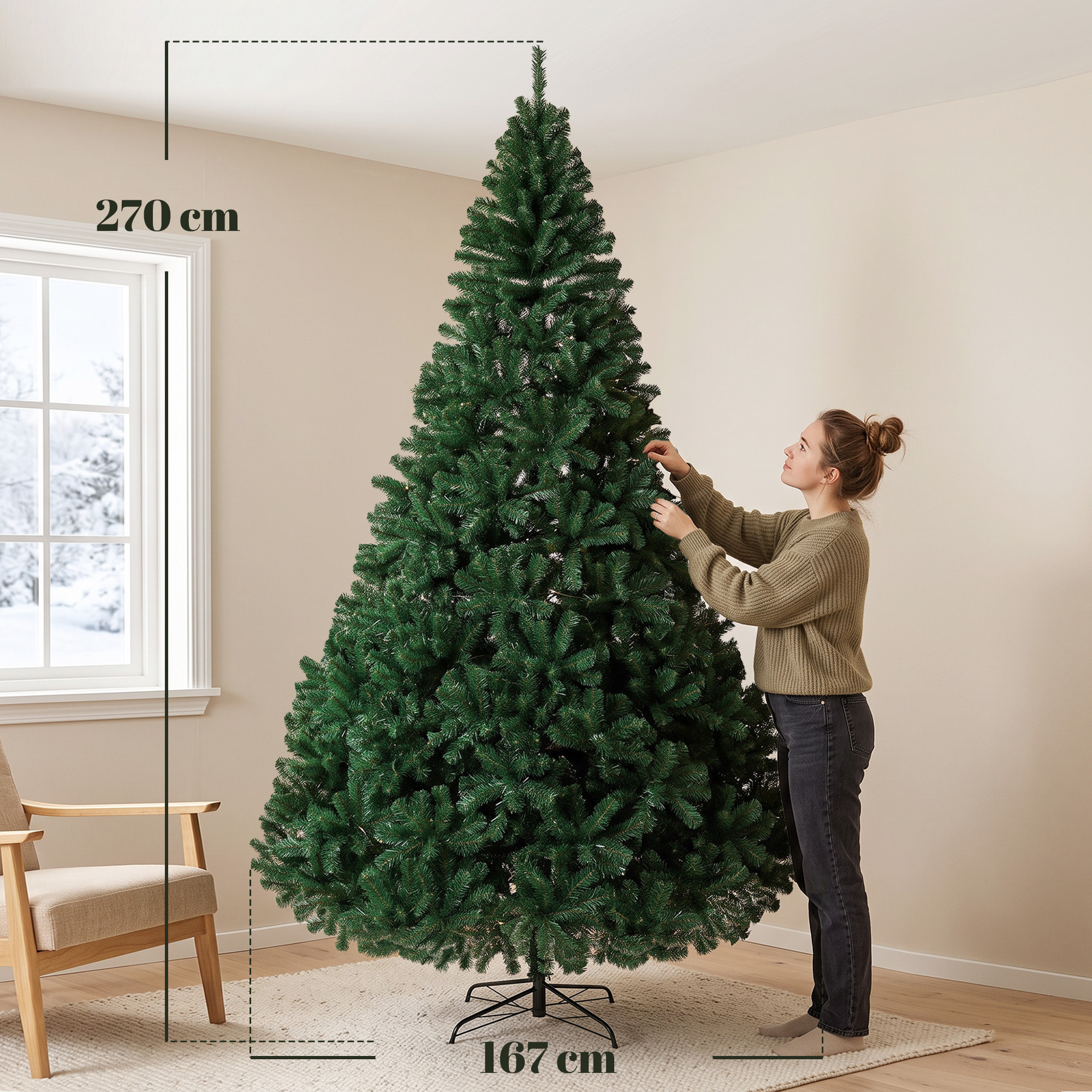Árbol de Navidad Artificial de 270 cm, Árbol de Navidad de Abeto con Ramas Articuladas, 2418 Puntas de PVC Ignífugo, Montaje Rápido, Soporte de Acero Plegable, Verde