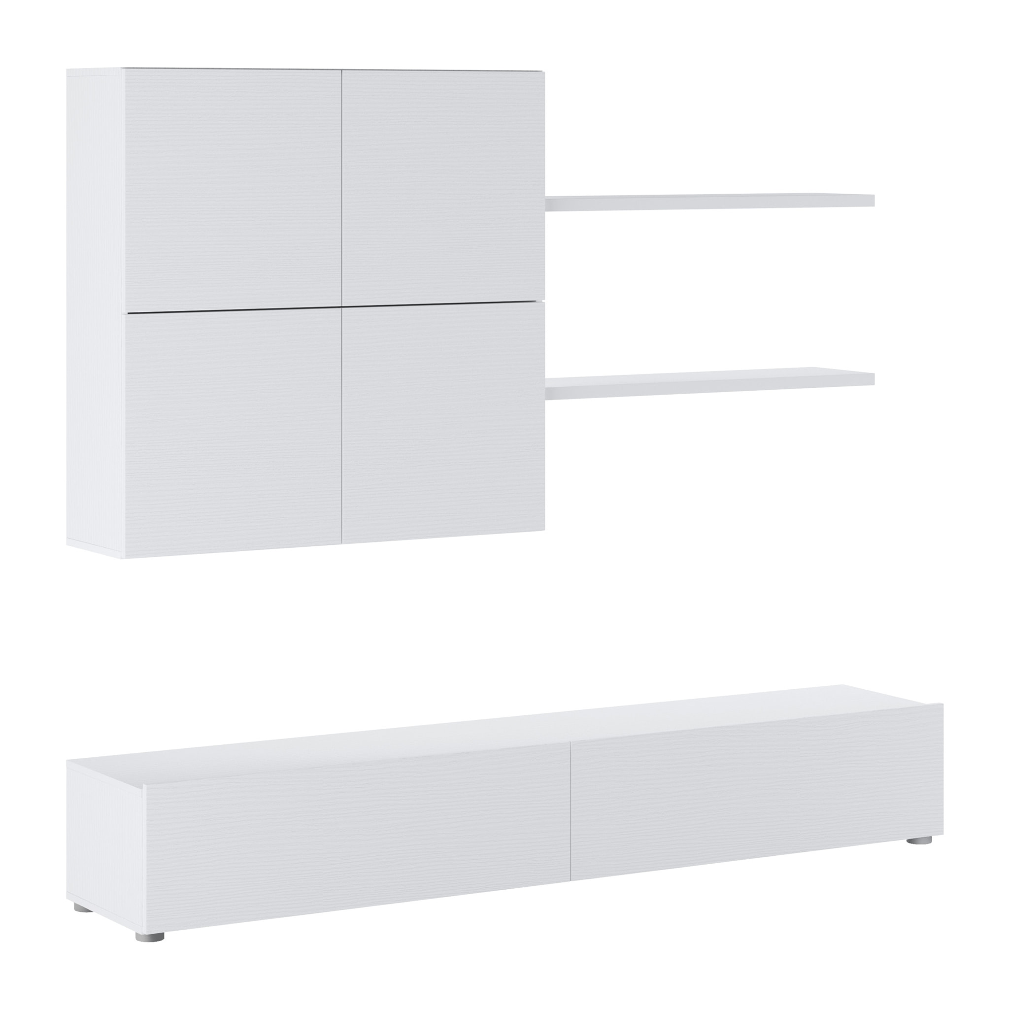 Parete Attrezzata Mobile Soggiorno Moderno Con Base TV 2 Ante Pensile 4 Ante e 2 Mensole Design Contemporaneo in Melaminico 200 x 194 x 40 cm Bianco