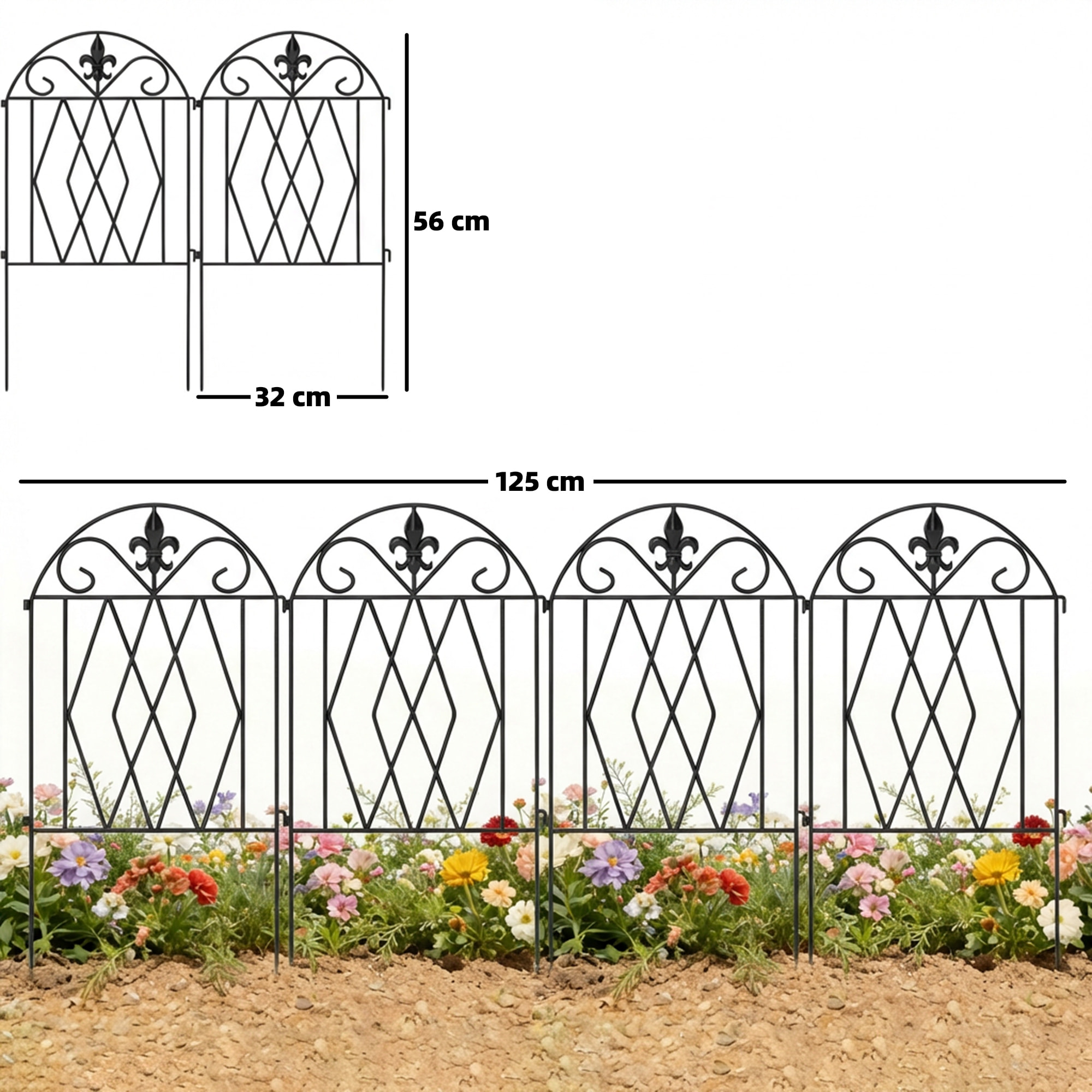 Set de 4 Vallas de Jardín de Metal, 125x56 cm, Vallas de Jardín Exterior Decorativas con Diseño Arqueado, Resistente y Fácil de Instalar, para Huerto, Patio, Terraza, Césped, Negro
