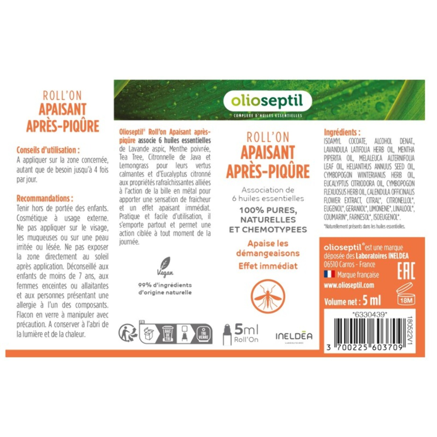 OLIOSEPTIL - Roll'On Apaisant Après-Piqûre - Huiles essentielles pures & naturelles - Aide à apaiser les démangeaisons - Roll'on 5ml