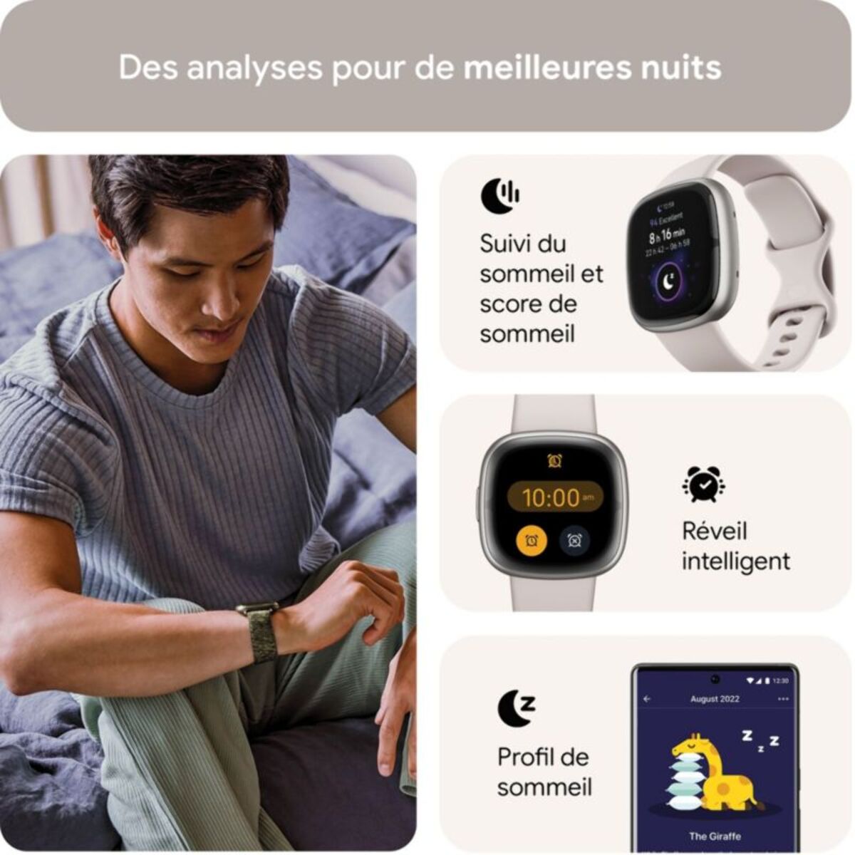 Montre santé FITBIT Sense 2 Aluminium Platine et Blanc