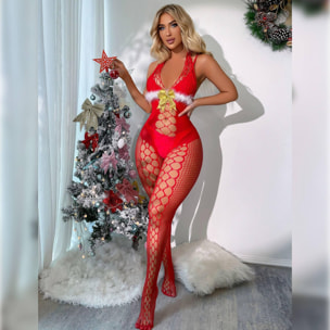 Bodystocking de malla fina color rojo