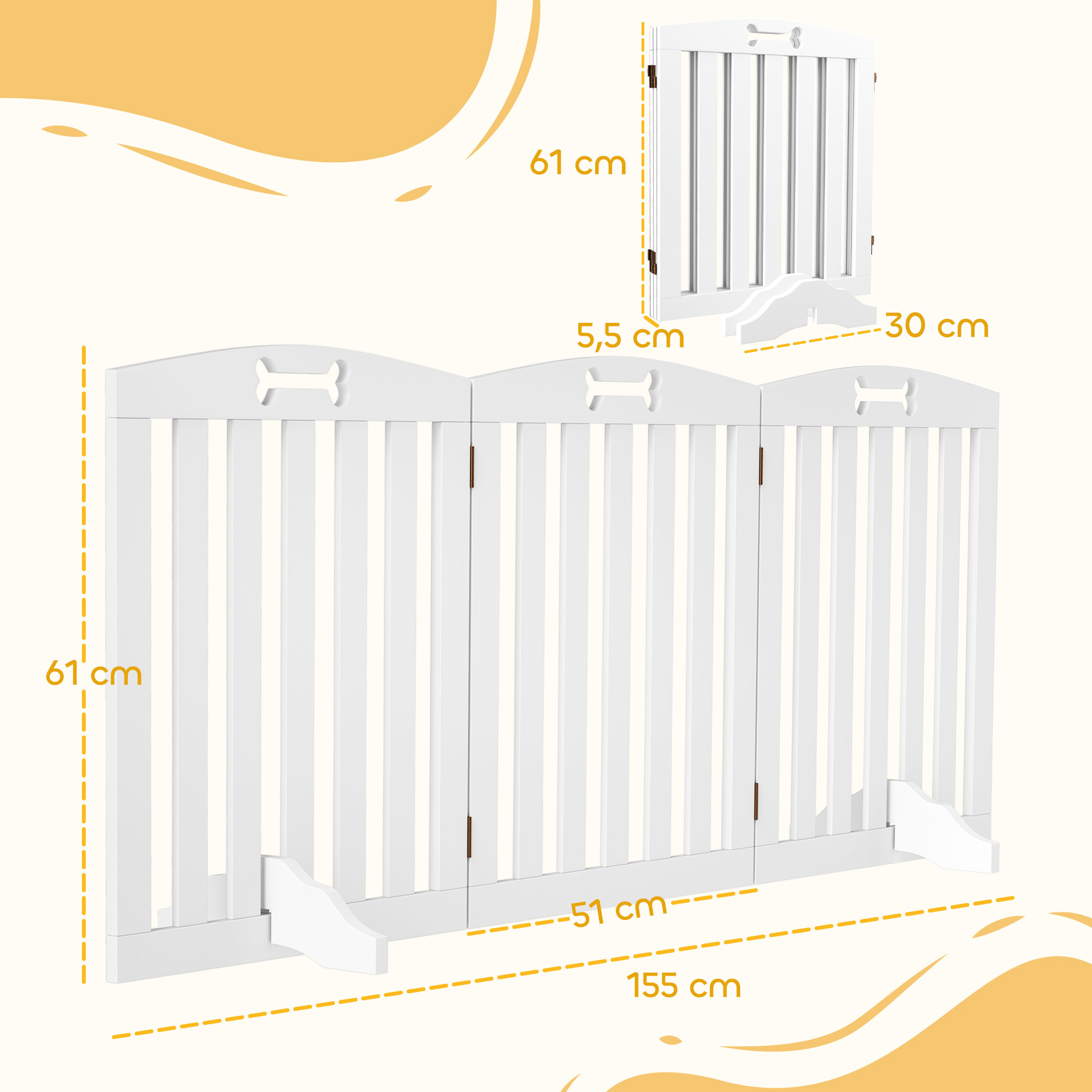 Barrera de Seguridad para Perros Plegable 155 cm, Valla para Perros Pequeños y Medianos de 3 Paneles con Pies Extraíbles, Puerta de Seguridad para Mascotas, para Escalera, Pasillo, Blanco