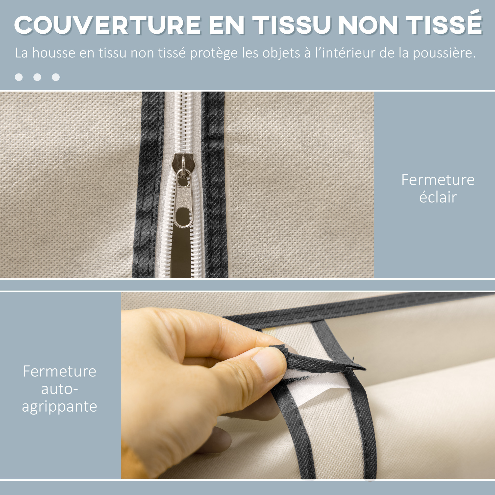 Armoire penderie multi-rangement - 8 étagères, 2 barres - dim. 125L x 43l x 162,5H cm - acier noir non tissé beige