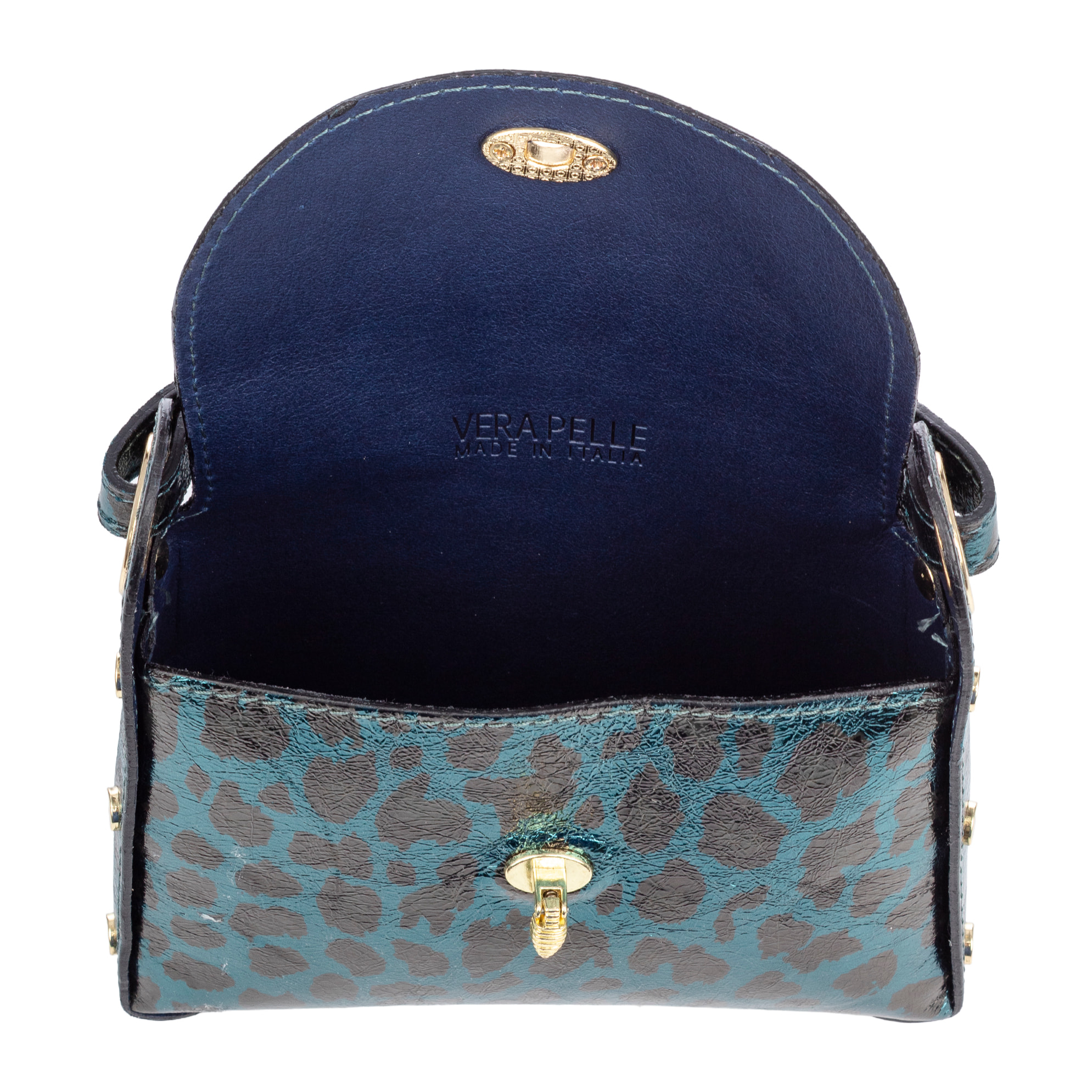 Aquileia borsa a mano donna. Pelle autentica Sgamello con stampa animale leopardata lucida.