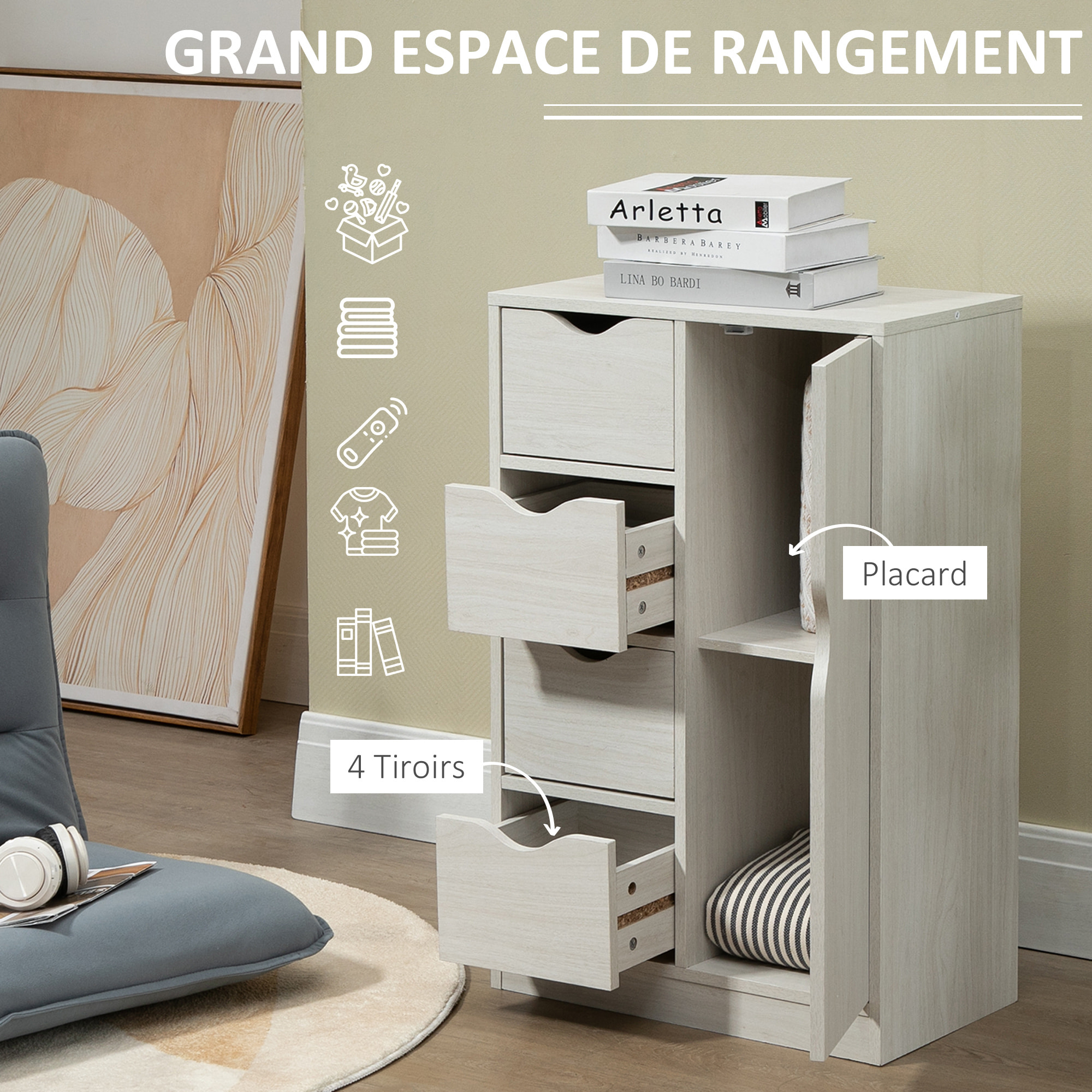 Meuble de rangement moderne 1 porte 4 tiroirs - panneaux particules blanc grain de bois