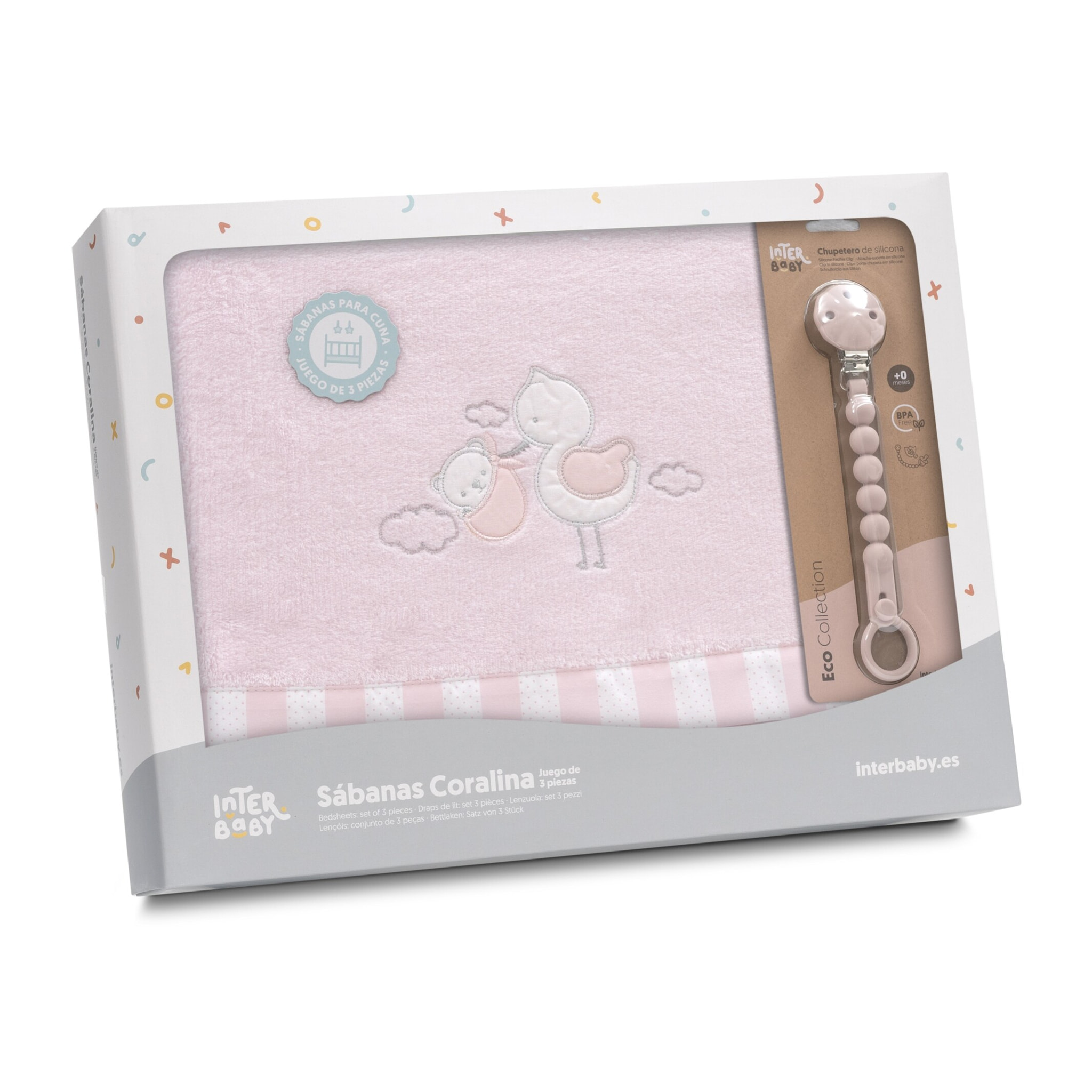 Triptico Cuna Coralina Cigueña Oso + Broche Rosa