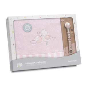 Triptico Cuna Coralina Cigueña Oso + Broche Rosa
