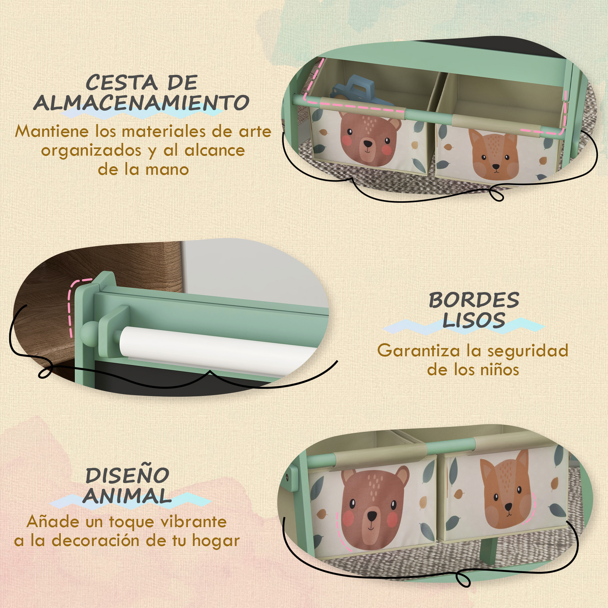 Caballete para Niños 3 en 1 Caballete Infantil de Doble Cara Caballete de Arte con Rollo de Papel Pizarras y 2 Cestas de Almacenamiento 54x46,5x93 cm Verde