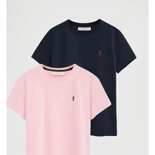 Pack mujer de dos camisetas azul marino y rosa de manga corta y cuello redondo con bordado Rigby Go