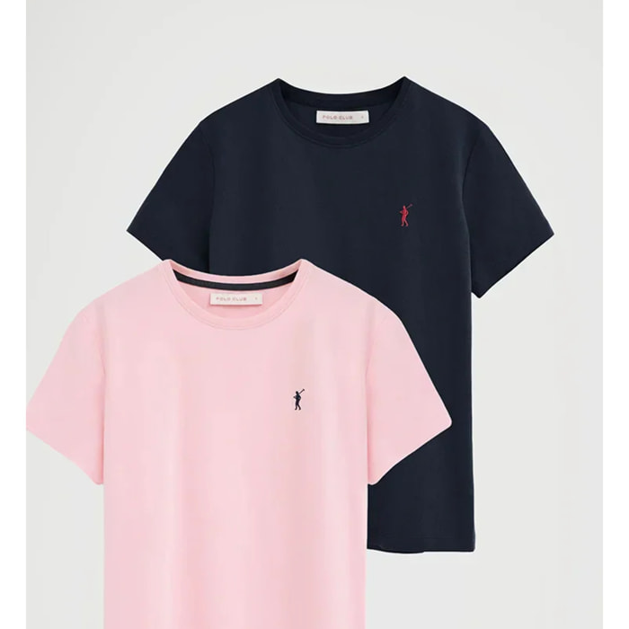 Pack mujer de dos camisetas azul marino y rosa de manga corta y cuello redondo con bordado Rigby Go