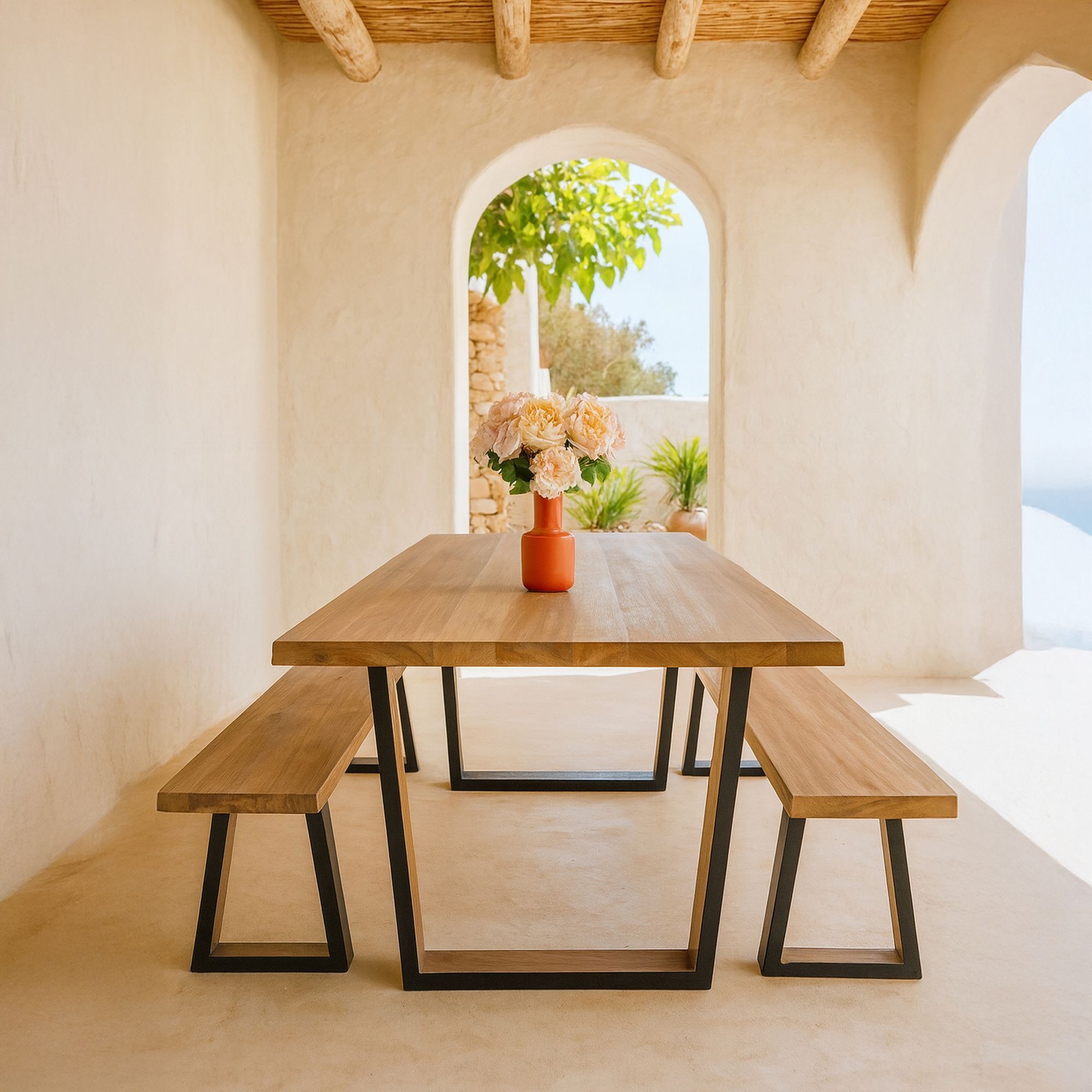 Ensemble table et banc en bois d'acacia et pieds métal noir HERA