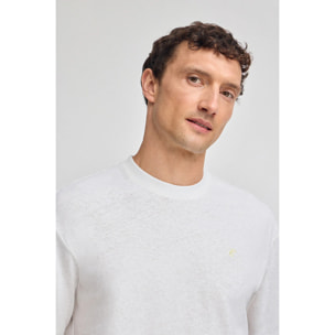Camiseta blanca en lino y algodón de cuello redondo y monograma bordado