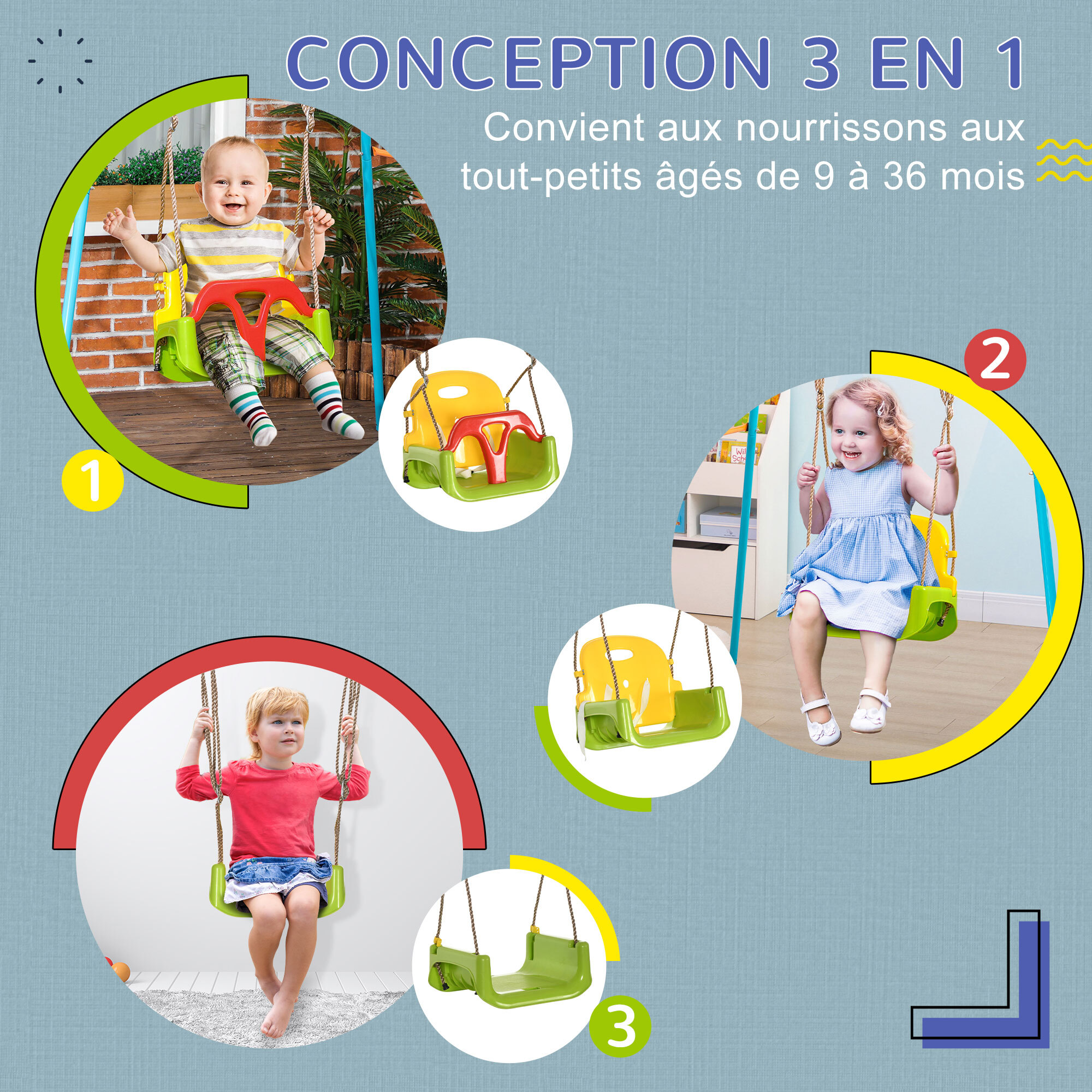 Balançoire siège 3 en 1 évolutif réglable enfant - dossier, barre en T amovibles, ceinture