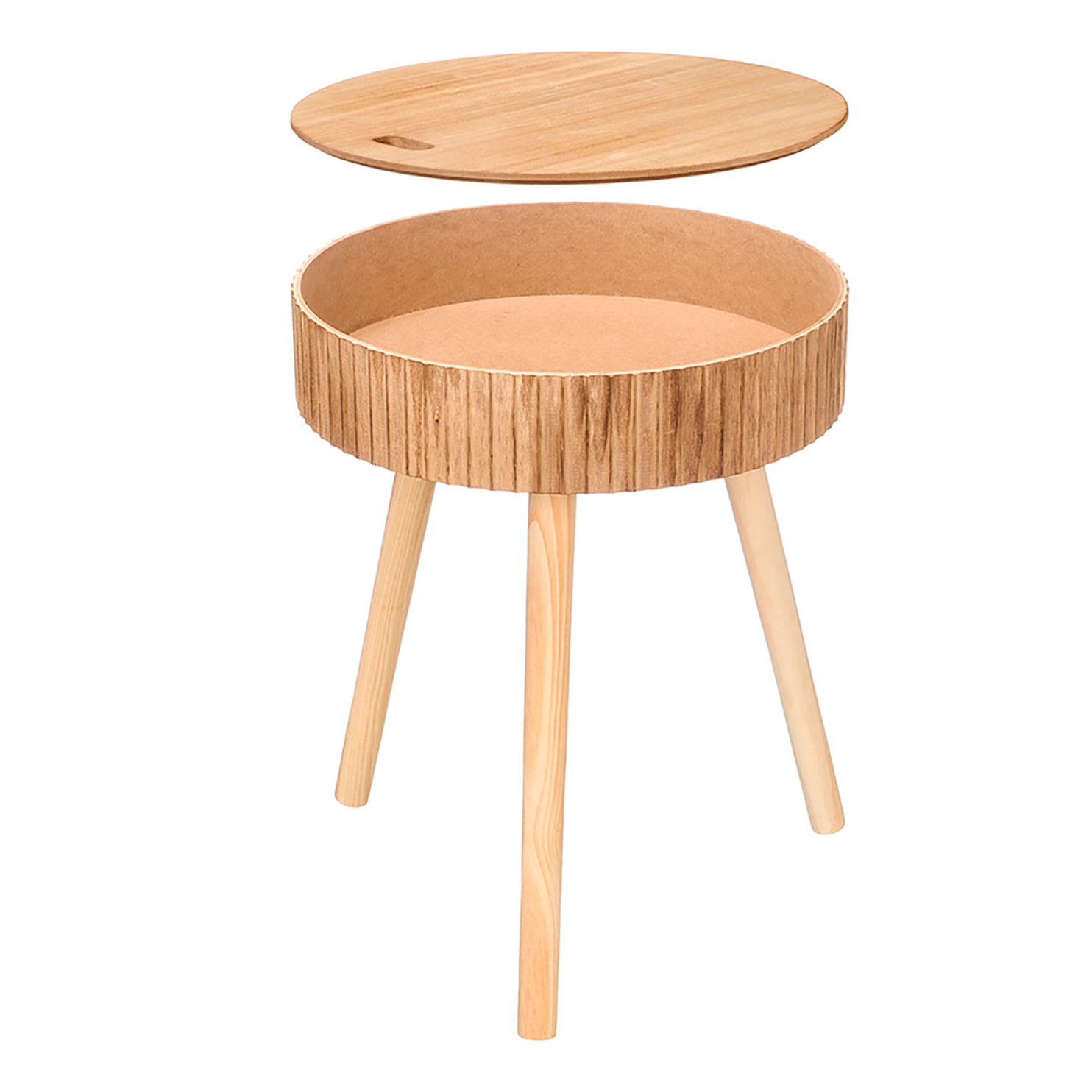Tavolino naturale con design a onde, piano sollevabile e compartimento interno, 38 cm di diametro.