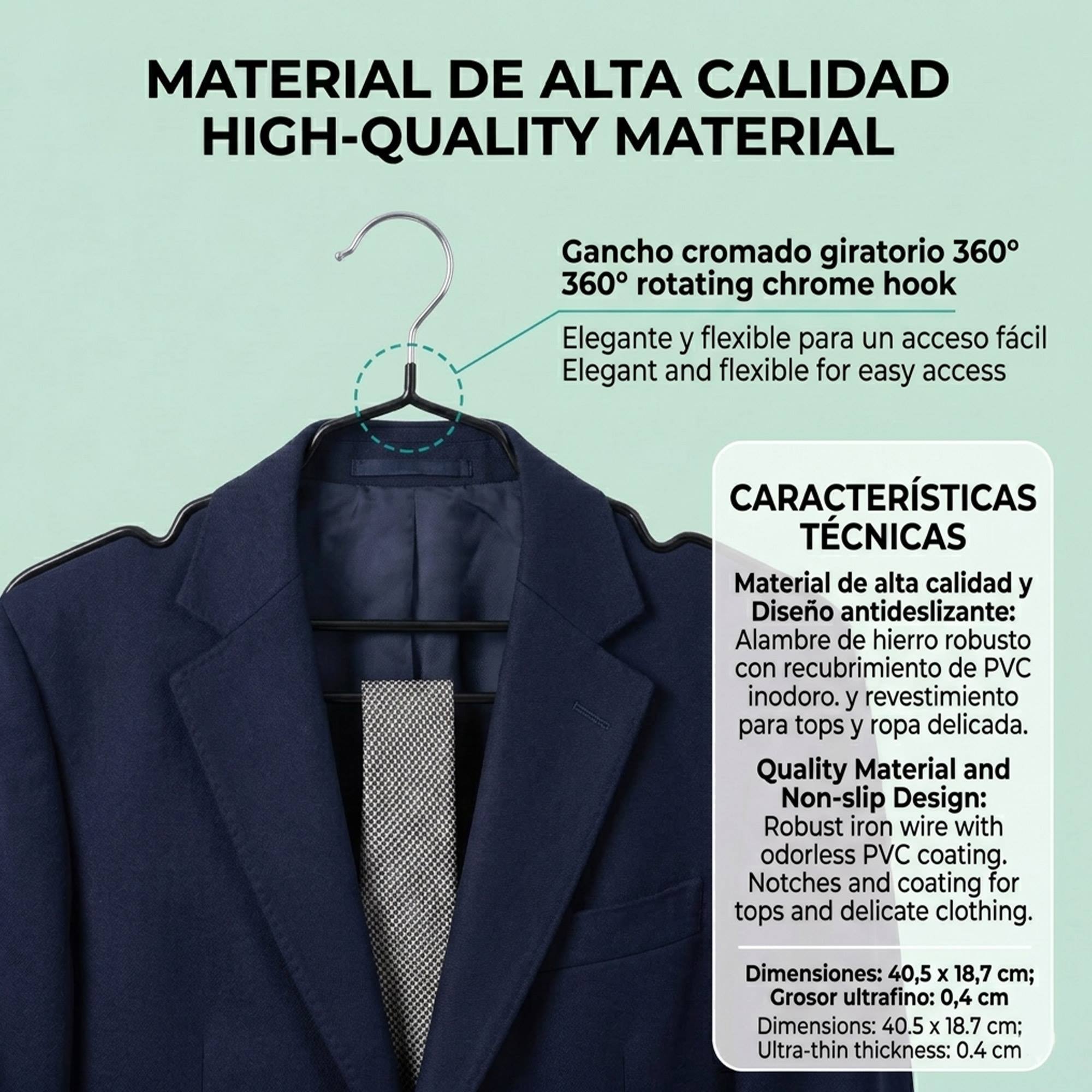 Set de perchas metálicas con revestimiento antideslizante, finas y con ganchos giratorios
