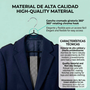Set de perchas metálicas con revestimiento antideslizante, finas y con ganchos giratorios
