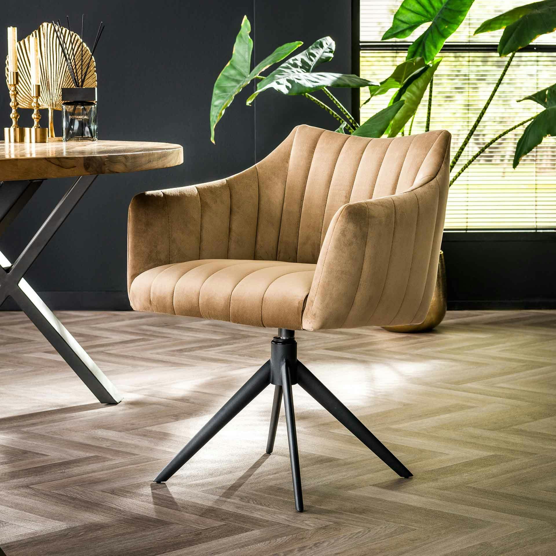 Fauteuil pivotant de table en velours sable à larges bandes (lot de 2) MELBOURNE