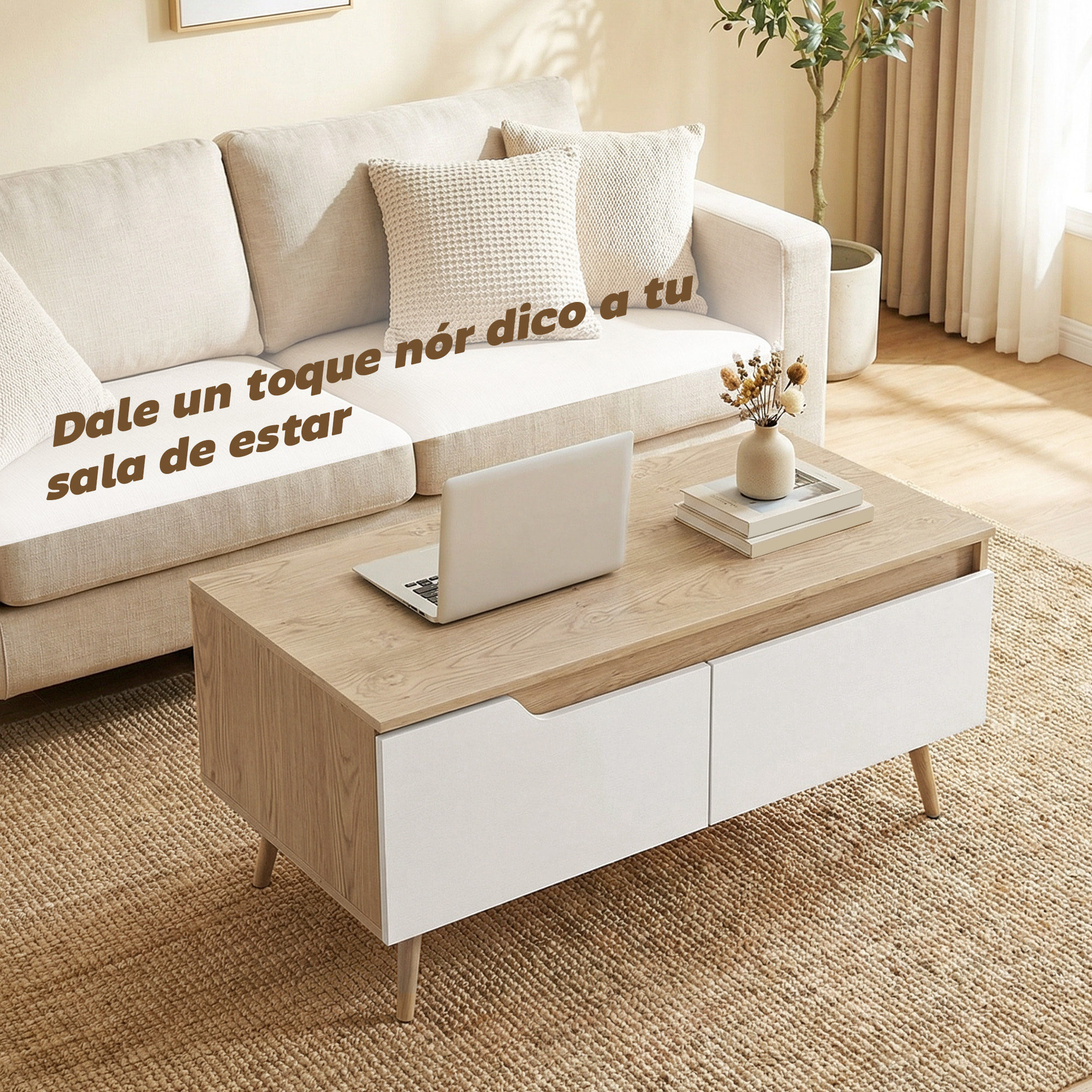 Mesa de Centro, Mesa baja para Salón Moderno con 2 Cajones, Patas de Madera de Pino, para Sala de Estar, Dormitorio, 100x50x46cm, Roble