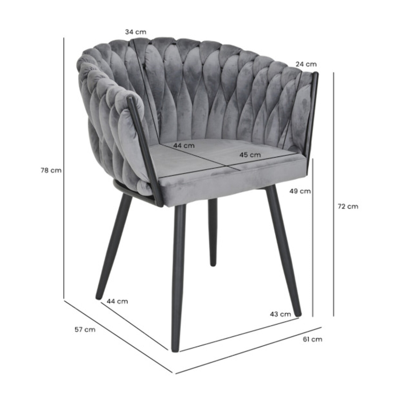 Chaise en velours tressé avec accoudoirs et pieds en métal - MELODIE 2