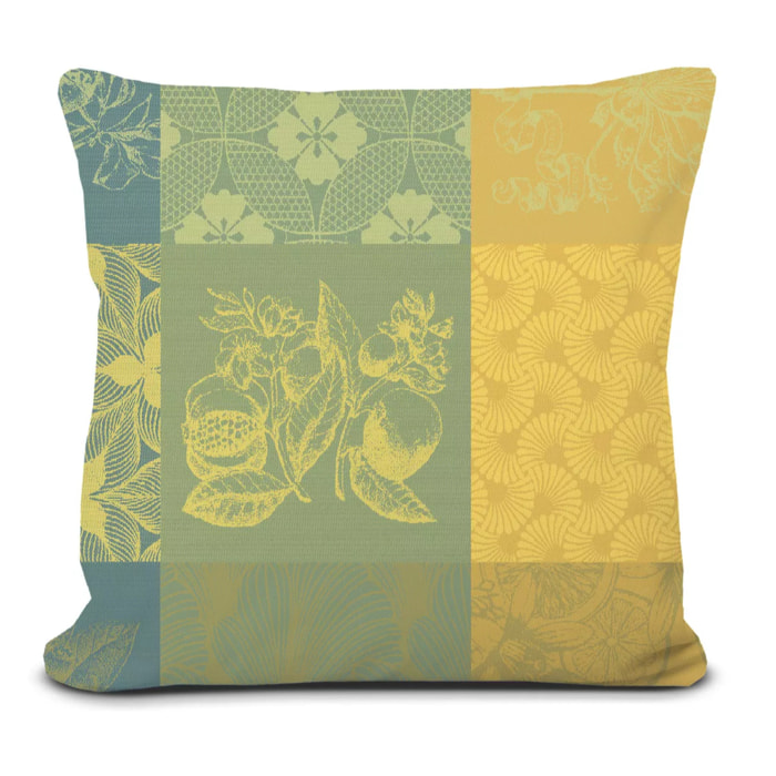 Housse de coussin pur coton 220 g/m² motif jacquard jaune vert Mille parfums limoni