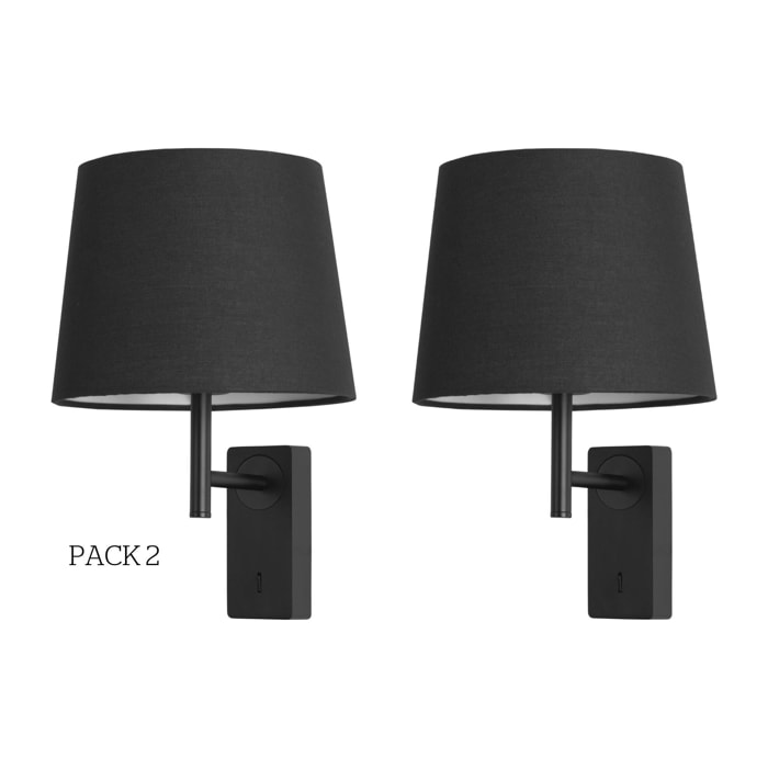 Forlight Aura - 2 Apliques de Pared para Dormitorio E27 con Interruptor ON/OFF en la Base. Color Negro con Pantalla de Textil