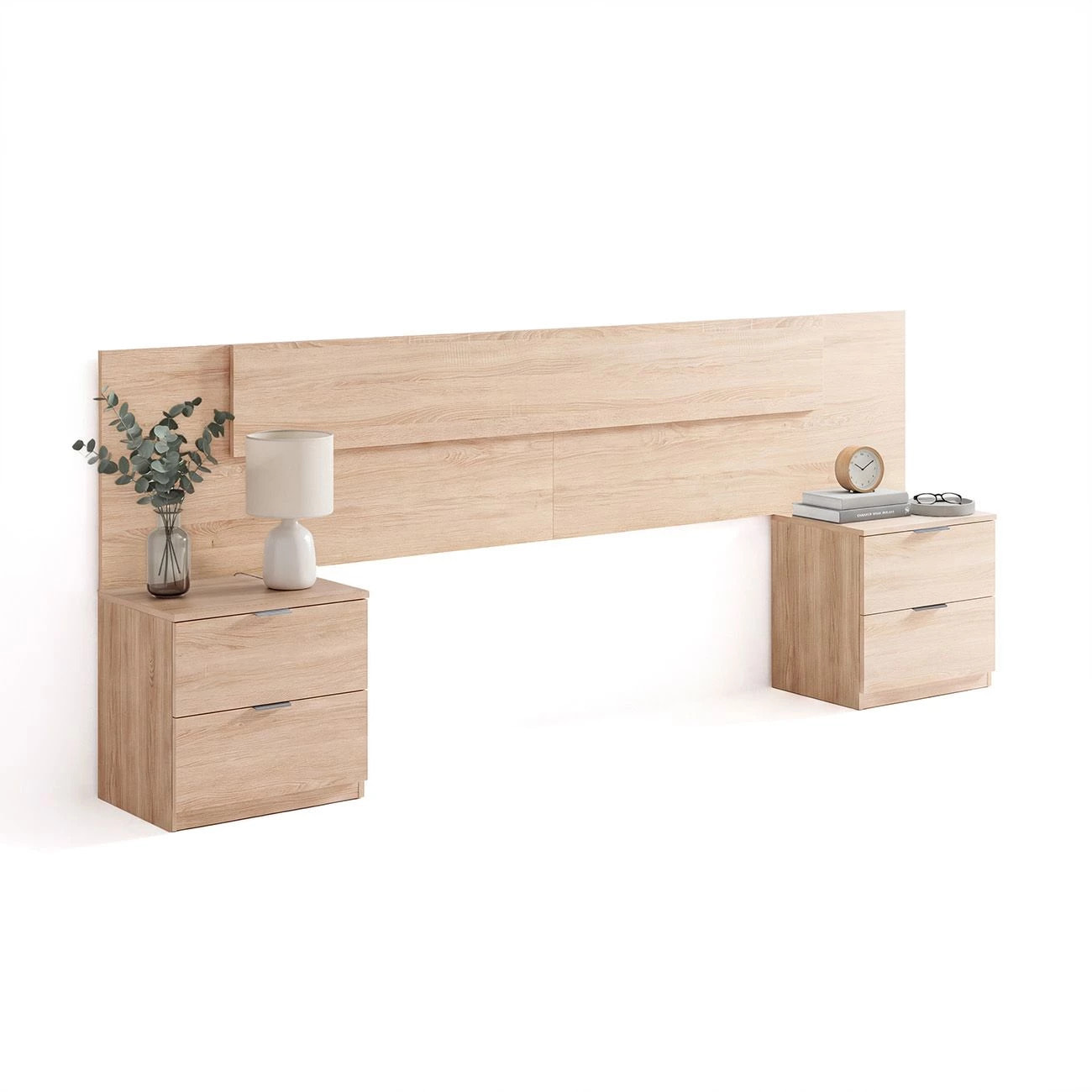 Cabecero para cama de 135-150 cm y 2 mesitas con cajones en roble canadian Akari Roble Canadian