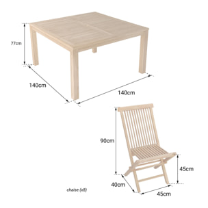 Salon de jardin en teck JAVA - table carrée et chaises pliantes - 8 places